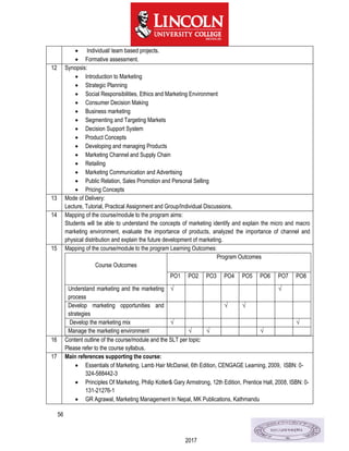56
2017
 Individual/ team based projects.
 Formative assessment.
12 Synopsis:
 Introduction to Marketing
 Strategic Planning
 Social Responsibilities, Ethics and Marketing Environment
 Consumer Decision Making
 Business marketing
 Segmenting and Targeting Markets
 Decision Support System
 Product Concepts
 Developing and managing Products
 Marketing Channel and Supply Chain
 Retailing
 Marketing Communication and Advertising
 Public Relation, Sales Promotion and Personal Selling
 Pricing Concepts
13 Mode of Delivery:
Lecture, Tutorial, Practical Assignment and Group/Individual Discussions.
14 Mapping of the course/module to the program aims:
Students will be able to understand the concepts of marketing identify and explain the micro and macro
marketing environment, evaluate the importance of products, analyzed the importance of channel and
physical distribution and explain the future development of marketing.
15 Mapping of the course/module to the program Learning Outcomes:
Course Outcomes
Program Outcomes
PO1 PO2 PO3 PO4 PO5 PO6 PO7 PO8
Understand marketing and the marketing
process
√ √
Develop marketing opportunities and
strategies
√ √
Develop the marketing mix √ √
Manage the marketing environment √ √ √
16 Content outline of the course/module and the SLT per topic:
Please refer to the course syllabus.
17 Main references supporting the course:
 Essentials of Marketing, Lamb Hair McDaniel, 6th Edition, CENGAGE Learning, 2009, ISBN: 0-
324-588442-3
 Principles Of Marketing, Philip Kotler& Gary Armstrong, 12th Edition, Prentice Hall, 2008, ISBN: 0-
131-21276-1
 GR Agrawal, Marketing Management In Nepal, MK Publications, Kathmandu
 
