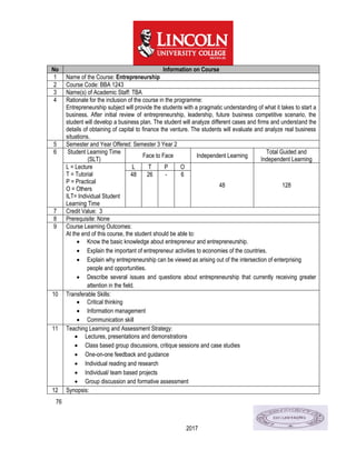 76
2017
No Information on Course
1 Name of the Course: Entrepreneurship
2 Course Code: BBA 1243
3 Name(s) of Academic Staff: TBA
4 Rationale for the inclusion of the course in the programme:
Entrepreneurship subject will provide the students with a pragmatic understanding of what it takes to start a
business. After initial review of entrepreneurship, leadership, future business competitive scenario, the
student will develop a business plan. The student will analyze different cases and firms and understand the
details of obtaining of capital to finance the venture. The students will evaluate and analyze real business
situations.
5 Semester and Year Offered: Semester 3 Year 2
6 Student Learning Time
(SLT)
Face to Face Independent Learning
Total Guided and
Independent Learning
L = Lecture
T = Tutorial
P = Practical
O = Others
ILT= Individual Student
Learning Time
L T P O
48 128
48 26 - 6
7 Credit Value: 3
8 Prerequisite: None
9 Course Learning Outcomes:
At the end of this course, the student should be able to:
 Know the basic knowledge about entrepreneur and entrepreneurship.
 Explain the important of entrepreneur activities to economies of the countries.
 Explain why entrepreneurship can be viewed as arising out of the intersection of enterprising
people and opportunities.
 Describe several issues and questions about entrepreneurship that currently receiving greater
attention in the field.
10 Transferable Skills:
 Critical thinking
 Information management
 Communication skill
11 Teaching Learning and Assessment Strategy:
 Lectures, presentations and demonstrations
 Class based group discussions, critique sessions and case studies
 One-on-one feedback and guidance
 Individual reading and research
 Individual/ team based projects
 Group discussion and formative assessment
12 Synopsis:
 