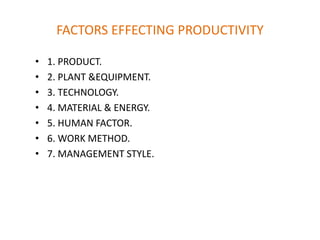 FACTORS EFFECTING PRODUCTIVITY
• 1. PRODUCT.
• 2. PLANT &EQUIPMENT.
• 3. TECHNOLOGY.
• 4. MATERIAL & ENERGY.
• 5. HUMAN FACTOR.
• 6. WORK METHOD.
• 7. MANAGEMENT STYLE.
 