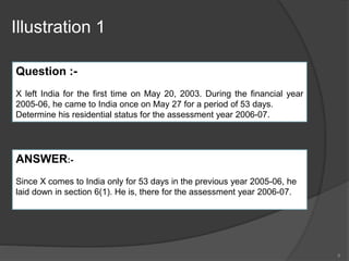 Illustration 1
8
Question :-
X left India for the first time on May 20, 2003. During the financial year
2005-06, he came to India once on May 27 for a period of 53 days.
Determine his residential status for the assessment year 2006-07.
ANSWER:-
Since X comes to India only for 53 days in the previous year 2005-06, he
laid down in section 6(1). He is, there for the assessment year 2006-07.
 