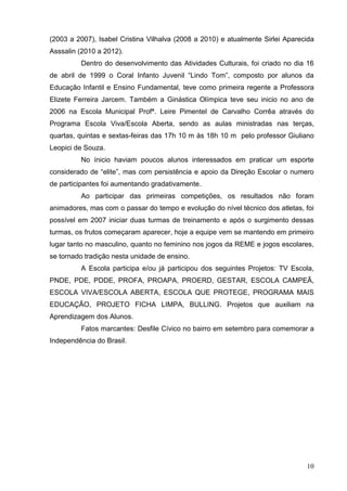 (2003 a 2007), Isabel Cristina Vilhalva (2008 a 2010) e atualmente Sirlei Aparecida
Asssalin (2010 a 2012).
         Dentro do desenvolvimento das Atividades Culturais, foi criado no dia 16
de abril de 1999 o Coral Infanto Juvenil “Lindo Tom”, composto por alunos da
Educação Infantil e Ensino Fundamental, teve como primeira regente a Professora
Elizete Ferreira Jarcem. Também a Ginástica Olímpica teve seu inicio no ano de
2006 na Escola Municipal Profª. Leire Pimentel de Carvalho Corrêa através do
Programa Escola Viva/Escola Aberta, sendo as aulas ministradas nas terças,
quartas, quintas e sextas-feiras das 17h 10 m às 18h 10 m pelo professor Giuliano
Leopici de Souza.
         No ínicio haviam poucos alunos interessados em praticar um esporte
considerado de “elite”, mas com persistência e apoio da Direção Escolar o numero
de participantes foi aumentando gradativamente.
         Ao participar das primeiras competições, os resultados não foram
animadores, mas com o passar do tempo e evolução do nível técnico dos atletas, foi
possível em 2007 iniciar duas turmas de treinamento e após o surgimento dessas
turmas, os frutos começaram aparecer, hoje a equipe vem se mantendo em primeiro
lugar tanto no masculino, quanto no feminino nos jogos da REME e jogos escolares,
se tornado tradição nesta unidade de ensino.
         A Escola participa e/ou já participou dos seguintes Projetos: TV Escola,
PNDE, PDE, PDDE, PROFA, PROAPA, PROERD, GESTAR, ESCOLA CAMPEÃ,
ESCOLA VIVA/ESCOLA ABERTA, ESCOLA QUE PROTEGE, PROGRAMA MAIS
EDUCAÇÃO, PROJETO FICHA LIMPA, BULLING. Projetos que auxiliam na
Aprendizagem dos Alunos.
         Fatos marcantes: Desfile Cívico no bairro em setembro para comemorar a
Independência do Brasil.




                                                                                10
 
