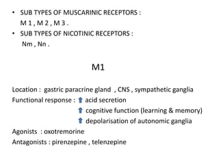 • SUB TYPES OF MUSCARINIC RECEPTORS :
M 1 , M 2 , M 3 .
• SUB TYPES OF NICOTINIC RECEPTORS :
Nm , Nn .
M1
Location : gastric paracrine gland , CNS , sympathetic ganglia
Functional response : acid secretion
cognitive function (learning & memory)
depolarisation of autonomic ganglia
Agonists : oxotremorine
Antagonists : pirenzepine , telenzepine
 
