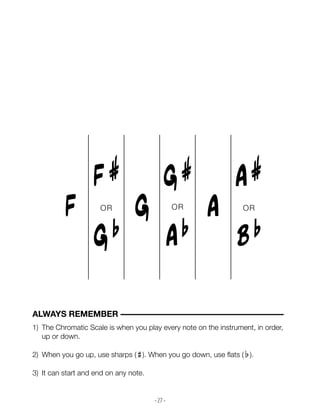 - 27 -
F
F#
OR
Gb
G
G#
OR
Ab
A
A#
OR
Bb
1) The Chromatic Scale is when you play every note on the instrument, in order,
up or down.
2) When you go up, use sharps ( ). When you go down, use flats ( ).
3) It can start and end on any note.
ALWAYS REMEMBER –––––––––––––––––––––––––––––––––––––––
# b
 