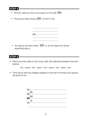 - 30 -
➡ We can make any line or any space on the staff DO
➡ The picture below shows DO on the 3rd line
–––––––––––––––––––
–––––––––––––––––––
–––––––––––––––––––
–––––––––––––––––––
–––––––––––––––––––
DO
➡ When we write notes on the music staff, they alternate between lines and
spaces:
line – space – line – space – line – space – line – space – line
➡ Think about what the solfége syllables for the rest of the lines and spaces
are going to be.
––––––––––––––––––––––––––––
––––––––––––––––––––––––––––
––––––––––––––––––––––––––––
––––––––––––––––––––––––––––
––––––––––––––––––––––––––––
DO
MI
SO
RE
FA
TI
LA
STEP 4 –––––––––––––––––––––––––––––––––––––––––––––––––––
STEP 5 –––––––––––––––––––––––––––––––––––––––––––––––––––
➡ As long as we know where DO is, we can figure out where
everything else is
 