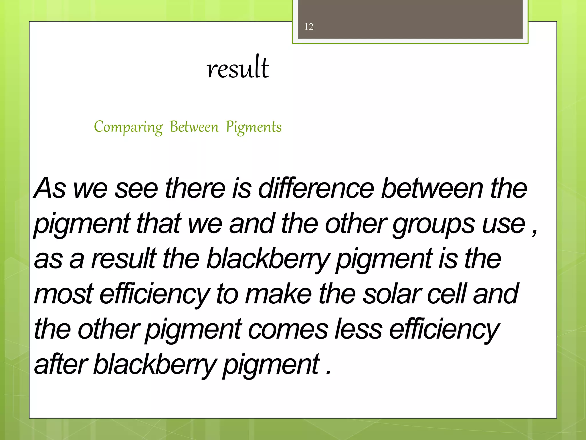 Comparing Between Pigments
12
As we see there is difference between the
pigment that we and the other groups use ,
as a result the blackberry pigment is the
most efficiency to make the solar cell and
the other pigment comes less efficiency
after blackberry pigment .
result
 