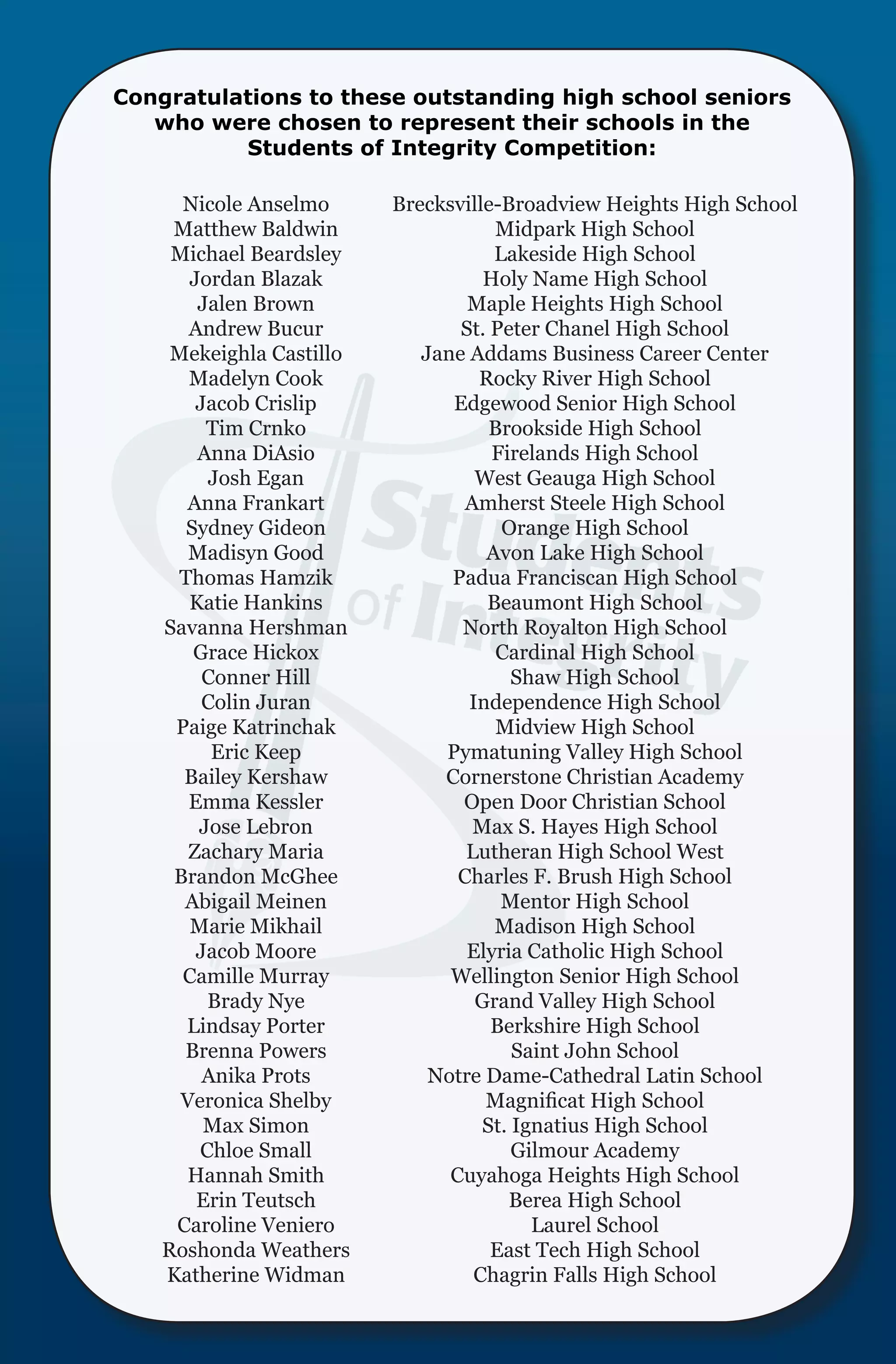 Congratulations to these outstanding high school seniors
   who were chosen to represent their schools in the
          Students of Integrity Competition:

      Nicole Anselmo      Brecksville-Broadview Heights High School
     Matthew Baldwin                 Midpark High School
     Michael Beardsley               Lakeside High School
       Jordan Blazak                Holy Name High School
        Jalen Brown               Maple Heights High School
       Andrew Bucur              St. Peter Chanel High School
     Mekeighla Castillo      Jane Addams Business Career Center
       Madelyn Cook                Rocky River High School
        Jacob Crislip           Edgewood Senior High School
         Tim Crnko                   Brookside High School
        Anna DiAsio                  Firelands High School
         Josh Egan                 West Geauga High School
      Anna Frankart               Amherst Steele High School
      Sydney Gideon                   Orange High School
       Madisyn Good                 Avon Lake High School
     Thomas Hamzik              Padua Franciscan High School
       Katie Hankins                Beaumont High School
    Savanna Hershman             North Royalton High School
       Grace Hickox                   Cardinal High School
         Conner Hill                    Shaw High School
         Colin Juran              Independence High School
     Paige Katrinchak                 Midview High School
          Eric Keep            Pymatuning Valley High School
      Bailey Kershaw           Cornerstone Christian Academy
       Emma Kessler              Open Door Christian School
        Jose Lebron                Max S. Hayes High School
       Zachary Maria              Lutheran High School West
     Brandon McGhee              Charles F. Brush High School
      Abigail Meinen                  Mentor High School
       Marie Mikhail                 Madison High School
        Jacob Moore               Elyria Catholic High School
      Camille Murray            Wellington Senior High School
         Brady Nye                 Grand Valley High School
      Lindsay Porter                 Berkshire High School
      Brenna Powers                     Saint John School
         Anika Prots          Notre Dame-Cathedral Latin School
      Veronica Shelby               Magnificat High School
         Max Simon                  St. Ignatius High School
        Chloe Small                     Gilmour Academy
      Hannah Smith              Cuyahoga Heights High School
        Erin Teutsch                   Berea High School
     Caroline Veniero                     Laurel School
    Roshonda Weathers                East Tech High School
    Katherine Widman               Chagrin Falls High School
 