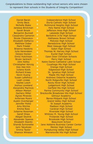 Congratulations to these outstanding high school seniors who were chosen
to represent their schools in the Students of Integrity Competition!

Daniel Baran
Emily Beck
Nichelle Blake
Janessa Brickman
Sarah Brook
Benjamin Bunnell
Cassandra Cameron
Nicole Chesnokov
Elizabeth DeMarco
Matthew Dober
Mark Friedel
Brianna Hawkins
Julia Herendeen
Deisjia Hocker
Emily Hutchison
Bryan Jackisch
John Kelley
Christopher Kenzig
Doo Hee Kim
Juliana Kosik
Richard Kraay
Kevin Kuang
Susan Lefelhocz
Leah Lindak
Kaylee Losch
Joshua Loveland
Alexandra Marincic
Allison Marton
Zachary Miller
Agnes Mirando
Anfernee Myers
Austin Overberger
Jennifer Polito
Amy Ritchie
Emma Ross
Julianne Rossman
Sarell Shaw
Abigail Skolnik
Alexander Spanos
Elizabeth Stanitz
Shardá Symonette
Jami Tatulinski
Emma Taylor
Shanice Winston

Independence High School
Elyria Catholic High School
Richmond Heights High School
Holy Name High School
Jefferson Area High School
Lakeside High School
Berkshire Jr/Sr High School
Hathaway Brown School
Midview High School
Benedictine High School
West Geauga High School
Solon High School
Thomas W. Harvey High School
Euclid High School
Open Door Christian Schools
Perry High School
Notre Dame-Cathedral Latin School
Cuyahoga Hts High School
Orange High School
Edgewood High School
St. Ignatius High School
Maple Hts High School
Andrews Osborne Academy
North Ridgeville High School
Rocky River High School
Ledgemont High School
Garfield Hts High School
Parma Community High School
Brecksville Broadview Hts High School
Gilmour Academy
Berea-Midpark High School
Grand Valley High School
St Joseph Academy
Madison High School
Cardinal High School
Riverside High School
Whitney M. Young High School
Firelands High School
Brookside High School
Beaumont School
Jane Addams Business Career Center
Mentor High School
Pymatuning Valley High School
Warrensville Hts High School

 