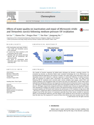 Effects of water quality on inactivation and repair of Microcystis viridis
and Tetraselmis suecica following medium-pressure UV irradiation
Lei Liu a, b
, Xiaona Chu a
, Pengyu Chen a, b
, Yan Xiao a
, Jiangyong Hu a, *
a
Department of Civil & Environmental Engineering, National University of Singapore, Singapore 117576, Singapore
b
School of Environment and Energy, Peking University Shenzhen Graduate School, Shenzhen 518055, China
h i g h l i g h t s g r a p h i c a l a b s t r a c t
 The inactivation and repair of Micro-
cystis viridis and Tetraselmis suecica
were evaluated.
 T. suecica was more sensitive to UV
inactivation than M. viridis.
 Turbidity, TOC and salinity adversely
affected MP UV disinfection efﬁ-
ciency generally.
 The levels of reactivation were
dependent upon these three factors
especially TOC.
a r t i c l e i n f o
Article history:
Received 15 March 2016
Received in revised form
14 June 2016
Accepted 4 August 2016
Handling Editor: Shane Snyder
Keywords:
Ballast water
Microcystis viridis
Tetraselmis suecica
Medium-pressure UV disinfection
Photoreactivation
Dark repair
a b s t r a c t
The transfer of invasive organisms by ballast-water discharge has become a growing concern. UV
treatment has become an attractive ballast water treatment technology due to its effectiveness, no
harmful disinfection byproducts and easiness to handle. Two robust algae strains Microcystis viridis and
Tetraselmis suecica were selected as indicator organisms to determine efﬁciency of medium-pressure
(MP) UV-treatment on ballast water. Inactivation and potential repair of these two algae strains
following MP UV irradiation were assessed under various turbidity, total organic carbon (TOC) and
salinity conditions. The investigated range of UV doses was from 25 to 500 mJ/cm2
. For M. viridis, results
indicated that disinfection efﬁciency was negatively correlated with all of these three factors at low doses
(25e200 mJ/cm2
). Photoreactivation and dark repair were promoted at high TOC levels (6e15 mg/L) with
about 6e25% higher repair levels compared with those in distilled water, whereas no signiﬁcant impacts
were identiﬁed for turbidity and salinity on both of the photoreactivation and dark repair. For T. suecica,
increased turbidity and TOC levels both hindered the performance of UV irradiation at high doses (200
e500 mJ/cm2
). Suppressive effects on photoreactivation and dark repair were consistently observed with
changes of all of the three factors. In conclusion, generally these three factors resulted in repressive
effects on UV disinfection efﬁciency, and TOC played a more signiﬁcant role in the levels of reactivation
than the other two. The responses of T. suecica to these three factors were more sensitive than M. viridis.
© 2016 Elsevier Ltd. All rights reserved.
1. Introduction
Ballast water is water carried by ships to ensure stability, trim
and structural integrity. But by this way, it has become a primary* Corresponding author.
E-mail address: ceehujy@nus.edu.sg (J. Hu).
Contents lists available at ScienceDirect
Chemosphere
journal homepage: www.elsevier.com/locate/chemosphere
http://dx.doi.org/10.1016/j.chemosphere.2016.08.027
0045-6535/© 2016 Elsevier Ltd. All rights reserved.
Chemosphere 163 (2016) 209e216
 