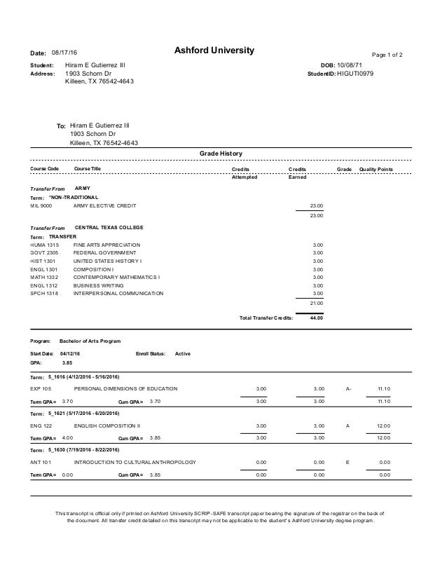 Ashford University transcripts
