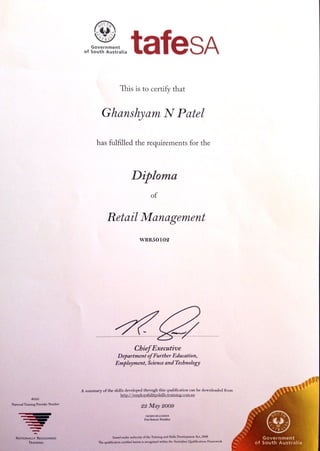 TAFE SA -Diploma in Retail Management and Certi IV in Retail Mangement