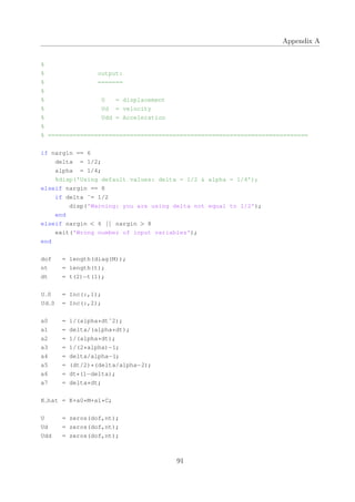 Appendix A
%
% output:
% =======
%
% U = displacement
% Ud = velocity
% Udd = Acceleration
%
% =========================================================================
if nargin == 6
delta = 1/2;
alpha = 1/4;
%disp('Using default values: delta = 1/2 & alpha = 1/4');
elseif nargin == 8
if delta ˜= 1/2
disp('Warning: you are using delta not equal to 1/2');
end
elseif nargin < 6 | | nargin > 8
exit('Wrong number of input variables');
end
dof = length(diag(M));
nt = length(t);
dt = t(2)−t(1);
U 0 = Inc(:,1);
Ud 0 = Inc(:,2);
a0 = 1/(alpha*dtˆ2);
a1 = delta/(alpha*dt);
a2 = 1/(alpha*dt);
a3 = 1/(2*alpha)−1;
a4 = delta/alpha−1;
a5 = (dt/2)*(delta/alpha−2);
a6 = dt*(1−delta);
a7 = delta*dt;
K hat = K+a0*M+a1*C;
U = zeros(dof,nt);
Ud = zeros(dof,nt);
Udd = zeros(dof,nt);
91
 