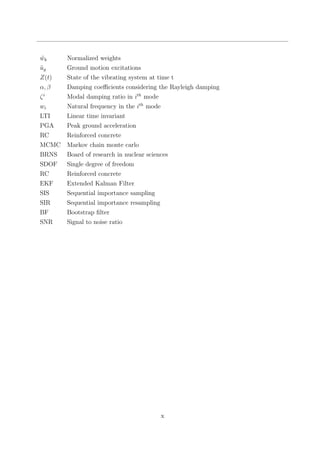 ˜wk Normalized weights
¨ug Ground motion excitations
Z(t) State of the vibrating system at time t
α, β Damping coeﬃcients considering the Rayleigh damping
ζi
Modal damping ratio in ith
mode
wi Natural frequency in the ith
mode
LTI Linear time invariant
PGA Peak ground acceleration
RC Reinforced concrete
MCMC Markov chain monte carlo
BRNS Board of research in nuclear sciences
SDOF Single degree of freedom
RC Reinforced concrete
EKF Extended Kalman Filter
SIS Sequential importance sampling
SIR Sequential importance resampling
BF Bootstrap ﬁlter
SNR Signal to noise ratio
x
 