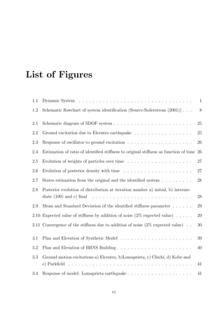 List of Figures
1.1 Dynamic System . . . . . . . . . . . . . . . . . . . . . . . . . . . . . . . . . 1
1.2 Schematic ﬂowchart of system identiﬁcation (Source:Soderstrom (2001)) . . . 8
2.1 Schematic diagram of SDOF system . . . . . . . . . . . . . . . . . . . . . . . 25
2.2 Ground excitation due to Elcentro earthquake . . . . . . . . . . . . . . . . . 25
2.3 Response of oscillator to ground excitation . . . . . . . . . . . . . . . . . . . 26
2.4 Estimation of ratio of identiﬁed stiﬀness to original stiﬀness as function of time 26
2.5 Evolution of weights of particles over time . . . . . . . . . . . . . . . . . . . 27
2.6 Evolution of posterior density with time . . . . . . . . . . . . . . . . . . . . 27
2.7 States estimation from the original and the identiﬁed system . . . . . . . . . 28
2.8 Posterior evolution of distribution at iteration number a) initial, b) interme-
diate (100) and c) ﬁnal . . . . . . . . . . . . . . . . . . . . . . . . . . . . . 28
2.9 Mean and Standard Deviation of the identiﬁed stiﬀness parameter . . . . . . 29
2.10 Expected value of stiﬀness by addition of noise (2% expected value) . . . . . 29
2.11 Convergence of the stiﬀness due to addition of noise (2% expected value) . . 30
3.1 Plan and Elevation of Synthetic Model . . . . . . . . . . . . . . . . . . . . . 39
3.2 Plan and Elevation of BRNS Building . . . . . . . . . . . . . . . . . . . . . . 40
3.3 Ground motion excitations a) Elcentro, b)Lomaprieta, c) Chichi, d) Kobe and
e) Parkﬁeld . . . . . . . . . . . . . . . . . . . . . . . . . . . . . . . . . . . . 41
3.4 Response of model: Lomaprieta earthquake . . . . . . . . . . . . . . . . . . . 41
vi
 