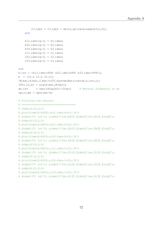 Appendix A
c3 iden = c3 iden + wk(ii,q)*rand sample(ii,6);
end
k11 iden(q−1) = k1 iden;
k22 iden(q−1) = k2 iden;
k33 iden(q−1) = k3 iden;
c11 iden(q−1) = c1 iden;
c22 iden(q−1) = c2 iden;
c33 iden(q−1) = c3 iden;
end
k inv = [k11 iden(499) k22 iden(499) k33 iden(499)];
m = [15.2 15.2 15.2];
[M mat,K mat,C mat]=LTI System Matrices(m,k inv,c);
[Phi in,D] = eig(K mat,M mat);
wn inv = sqrt(diag(D))/(2*pi) % Natural frequency in Hz
cpu time = cputime−tm
% Plotting the results
% ==================================
% subplot(2,3,1)
% plot(time(2:4001),k11 iden/k(1),'b')
% xlabel('t (s)'); ylabel('mu {k1} {iden}/mu {k1} {org}');
% subplot(2,3,2)
% plot(time(2:4001),k22 iden/k(2),'b')
% xlabel('t (s)'); ylabel('mu {k1} {iden}/mu {k2} {org}');
% subplot(2,3,3)
% plot(time(2:4001),k33 iden/k(3),'b')
% xlabel('t (s)'); ylabel('mu {k3} {iden}/mu {k3} {org}');
% subplot(2,3,4)
% plot(time(2:4001),c11 iden/c(1),'b')
% xlabel('t (s)'); ylabel('mu {c1} {iden}/mu {c1} {org}');
% subplot(2,3,5)
% plot(time(2:4001),c22 iden/c(2),'b')
% xlabel('t (s)'); ylabel('mu {c2} {iden}/mu {c2} {org}');
% subplot(2,3,6)
% plot(time(2:4001),c33 iden/c(3),'b')
% xlabel('t (s)'); ylabel('mu {c3} {iden}/mu {c3} {org}');
72
 