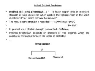 Intrinsic (or) Ionic Breakdown
• Intrinsic (or) Ionic Breakdown : “ To reach upper limit of dielectric
strength of solid dielectrics when applied the voltages with in the short
duration(10-8
sec) called Intrinsic breakdown”
• The max. electric strength is recorded -----15MV/cm at -196o
C
• For PVC
• In general max. electric strength is recorded – 5MV/cm
• Intrinsic breakdown depends on pressure of free electron which are
capable of mitigation through the lattice of dielectric
• .
 