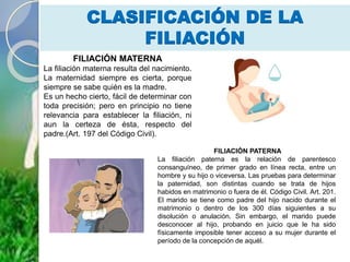 CLASIFICACIÓN DE LA
FILIACIÓN
FILIACIÓN MATERNA
La filiación materna resulta del nacimiento.
La maternidad siempre es cierta, porque
siempre se sabe quién es la madre.
Es un hecho cierto, fácil de determinar con
toda precisión; pero en principio no tiene
relevancia para establecer la filiación, ni
aun la certeza de ésta, respecto del
padre.(Art. 197 del Código Civil).
FILIACIÓN PATERNA
La filiación paterna es la relación de parentesco
consanguíneo, de primer grado en línea recta, entre un
hombre y su hijo o viceversa. Las pruebas para determinar
la paternidad, son distintas cuando se trata de hijos
habidos en matrimonio o fuera de él. Código Civil. Art. 201.
El marido se tiene como padre del hijo nacido durante el
matrimonio o dentro de los 300 días siguientes a su
disolución o anulación. Sin embargo, el marido puede
desconocer al hijo, probando en juicio que le ha sido
físicamente imposible tener acceso a su mujer durante el
período de la concepción de aquél.
 