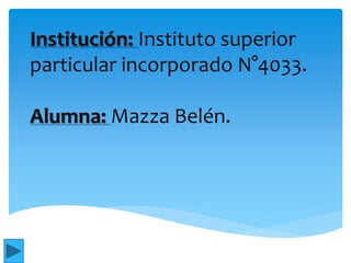 Institución: Instituto superior
particular incorporado N°4033.
Alumna: Mazza Belén.
 