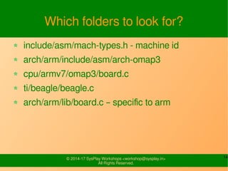 14© 2015-17 SysPlay Workshops <workshop@sysplay.in>
All Rights Reserved.
U-Boot Initialization Details
Bootloader starts its execution from flash /RAM
Hardware Diagnostics, like POST, …
Configuring the CPU speed, MMU setting, etc
Memory setup & initialization
Setting up interfacing ports like serial, VGA, …
Sets up the address of the boot parameters
 