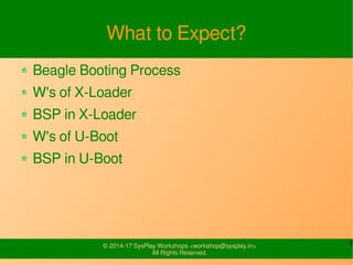 2© 2015-17 SysPlay Workshops <workshop@sysplay.in>
All Rights Reserved.
What to Expect?
BBB Memory Organization
Beagle Booting Process
W's of X-Loader
BSP in X-Loader
W's of U-Boot
BSP in U-Boot
 