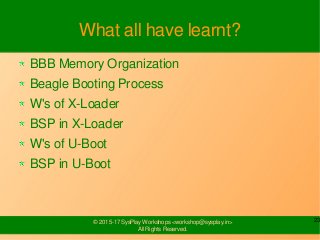 23© 2015-17 SysPlay Workshops <workshop@sysplay.in>
All Rights Reserved.
What all have learnt?
BBB Memory Organization
Beagle Booting Process
W's of X-Loader
BSP in X-Loader
W's of U-Boot
BSP in U-Boot
 