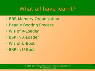 26© 2015-18 SysPlay Workshops <workshop@sysplay.in>
All Rights Reserved.
What all have learnt?
BBB Memory Organization
Beagle Booting Process
W's of X-Loader
BSP in X-Loader
W's of U-Boot
BSP in U-Boot
 