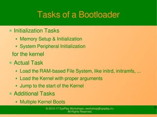 15© 2015-17 SysPlay Workshops <workshop@sysplay.in>
All Rights Reserved.
Tasks of a Bootloader
Initialization Tasks
Memory...