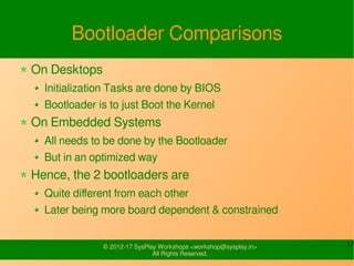 17© 2015-17 SysPlay Workshops <workshop@sysplay.in>
All Rights Reserved.
Bootloader Comparisons
On Desktops
Initialization Tasks are done by BIOS
Bootloader is to just Boot the Kernel
On Embedded Systems
All needs to be done by the Bootloader
But in an optimized way
Hence, the 2 bootloaders are
Quite different from each other
Later being more board dependent & constrained
 