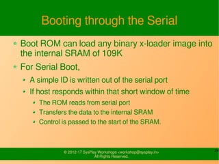 24© 2015-17 SysPlay Workshops <workshop@sysplay.in>
All Rights Reserved.
Booting through the Serial
Boot ROM can load any binary x-loader image into
the internal SRAM of 109K
For Serial Boot,
A simple ID is written out of the serial port
If host responds within that short window of time
The ROM reads from serial port
Transfers the data to the internal SRAM
Control is passed to the start of the SRAM.
 