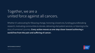 WE’RE MAKING AN IMPACT
Together, we are a
united force against all cancers.

Whether it's advocating for lifesaving change...