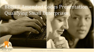 BBBEE Amended Codes Presentation –
Qualifying Small Enterprises
www.crazyantconsulting.co.za l nolene@crazyantconsulting.co.za
 