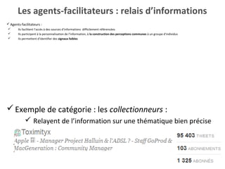 Les agents-facilitateurs : relais d’informations
 Agents-facilitateurs :
      Ils facilitent l’accès à des sources d’informations difficilement référencées
      Ils participent à la personnalisation de l’information, à la construction des perceptions communes à un groupe d’individus
      Ils permettent d’identifier des signaux faibles




 Exemple de catégorie : les collectionneurs :
             Relayent de l’information sur une thématique bien précise
             Automatisent au maximum leurs actions et relayent sur
              divers supports
             Produisent des messages originaux qu’ils annotent et
              contextualisent
 