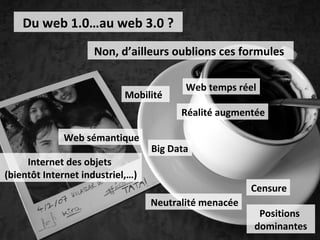 Du web 1.0…au web 3.0 ?
                    Non, d’ailleurs oublions ces formules

                                         Web temps réel
                            Mobilité
                                        Réalité augmentée

             Web sémantique
                                  Big Data
     Internet des objets
(bientôt Internet industriel,…)
                                                       Censure
                                  Neutralité menacée
                                                        Positions
                                                       dominantes
 