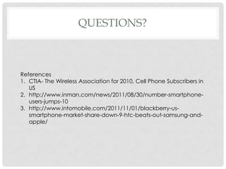 QUESTIONS?



References
1. CTIA- The Wireless Association for 2010, Cell Phone Subscribers in
   US
2. http://www.inman.com/news/2011/08/30/number-smartphone-
   users-jumps-10
3. http://www.intomobile.com/2011/11/01/blackberry-us-
   smartphone-market-share-down-9-htc-beats-out-samsung-and-
   apple/
 