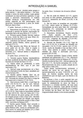 INTRODUÇÃO A SAMUEL
   O livro de Samuel, dividido pelos gregos e       3a parte. Davi, fundador da dinastia (2Sam
pelos latinos — não pelos hebreus — em dois,        2-24)
recebe o nome do santo profeta, cujas gestas
constituem os seus primeiros capítulos, e cuja         1) Rei de Judá em Hebron (2,1-7); guerra
ação o dominam inteiramente. A matéria              civil entre os dois partidos, progressos de Davi
tratada divide-se marcadamente em três              (2,8-3,5); assassínio de Abner (3,6-39) e de
partes, segundo as três personagens que             Isboset (4).
governam sucessivamente o povo de Israel:              2) Rei de todos os israelitas em Jerusalém
Samuel, Saul e Davi.                                (5,1-16); vitória sobre os filisteus (5,17-25);
    1ª parte. Samuel, o último Juiz                 transladação da arca para Sião (6); promessa
   1) Nascimento de Samuel (1,1-2,10); sua          messiânica (7); conquistas no exterior (8);
juventude a serviço do templo; reprovação do        favores ao filho de Jônatas (9).
sacerdote Heli e de seus filhos (2,11-3,21).           3) Desordens domésticas. Guerra amonita
   2) Primeira guerra filistéia; derrota, captura   (10);     duplo     pecado     de    Davi    (11);
da arca, morte de Heli e de seus filhos (4).        arrependimento de Davi (12); incesto de Amnon
Retorno da arca santa (5-7,2).                      (13,1-22); vingança de Absalão (13,23-36);
   3) Judicatura de Samuel: reforma religiosa,      seu exílio e repatriação (13,37-14,33).
segunda guerra filistéia, vitória; governo de          4) Revolta de Absalão (15,1-12); fuga de
Samuel (7,3-17).                                    Davi (15,13-16,14) e entrada de Absalão em
   4) Mau governo dos filhos de Samuel. O           Jerusalém (16,15-17,23); guerra civil (17,24-
povo pede um rei (8); Saul é ungido e               18,8); morte de Absalão e luto de Davi (18,9-
proclamado rei (9-10). Vitória sobre os             19,8). Davi retorna à capital (19,9-43); a
amonitas (11). Samuel abdica e despede-se           rebelião de Seba é dominada (20,1-22);
do povo (12).                                       governo (20,23-26).
    2ª parte. Saul, primeiro rei                       5) Diversos episódios. Cessa a fome, dando
   1) Terceira guerra filistéia; desobediência      satisfação aos gabaonitas (21,1--14). Heroísmo
de Saul; audácias de seu filho Jonatas; vitórias.   de alguns homens contra os filisteus (21,15-22).
Sumário do reinado de Saul (13-14).                 Cântico triunfal de Davi (22). Ultimas palavras de
   2) Vitória sobre os amalecitas, e outra          Davi (23,1-7). Os heróis campeões (23, 8-39).
desobediência de Saul, que é por isso               Recenseamento do reino; a peste; ereção de um
reprovado (15).                                     altar sobre o Sião (24).
   3) Samuel unge secretamente rei a Davi,             Todos esses acontecimentos encheram o
que é chamado à corte de Saul, assaltado por        período de cerca de um século e meio,
mania furiosa (16).                                 aproximadamente os anos 1120-970 a.C, um
   4) Quarta guerra filistéia. Davi vai ao          lapso de história israelita isento de toda
acampamento e mata o gigante Golias (17,1-          interferência quer do Egito, quer da Assíria e da
54). Amizade de Jonatas com Davi e inveja de        Babilônia.
Saul para com o mesmo (17,55-18,9).                    Ao escrever o livro, o autor sagrado tem por
                                                    finalidade mostrar-nos as vias providenciais pelas
   5) Saul procura matar Davi, o qual foge da
                                                    quais foi estabelecida no povo de Deus a
corte (18,10-19,17); vai ter com Samuel,
                                                    monarquia e a dinastia davídica, de cuja cepa
renova com Jônatas o pacto de amizade
                                                    devia nascer o Messias, cujas glórias ter-lhe-ia
(19,18-21,1).
                                                    perpetuado. Em Samuel apresenta-nos o modelo
   6) Davi anda errante por vários lugares
                                                    do ministro fiel de Deus, em Davi o tipo de
(21,2-22,5); Saul mata os sacerdotes fautores
                                                    magnanimidade aliada a uma sincera piedade.
de Davi (22,6-23). Davi em Ceila (23,1-13);
em Zif salva-se de grave perigo (23,14-28);
em Engadi poupa a vida a Saul (24); ofendido
por Nabal, é aplacado por Abigail, que depois
desposa (25); novamente poupa a vida a Saul
(26); vive entre os filisteus (27).
   7) Quinta guerra filistéia. Saul consulta a
nigromante de Endor (28). Davi. afastado
pelos filisteus (29), vence os amalecitas (30).
Saul morre no campo de batalha (31) e Davi
pranteia a sua perda (2Sam 1).
 