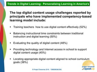 Trends in Digital Learning: Personalizing Learning in America’s Schoo
The top digital content usage challenges reported by
principals who have implemented competency-based
learning model include:
 Training teachers how to use digital content effectively (52%)
 Balancing instructional time constraints between traditional
instruction and digital learning (50%)
 Evaluating the quality of digital content (48%)
 Providing technology and Internet access in school to support
digital content usage (45%)
 Locating appropriate digital content aligned to school curriculum
goals (38%)
 