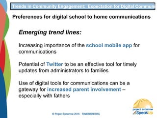 Trends in Community Engagement: Expectation for Digital Communic
Preferences for digital school to home communications
Emerging trend lines:
Increasing importance of the school mobile app for
communications
Potential of Twitter to be an effective tool for timely
updates from administrators to families
Use of digital tools for communications can be a
gateway for increased parent involvement –
especially with fathers
 