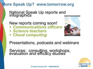 National Speak Up reports and
infographics
New reports coming soon!
 Communications officers
 Science teachers
 Cloud computing
Presentations, podcasts and webinars
Services: consulting, workshops,
evaluation and efficacy studies
More Speak Up? www.tomorrow.org
 