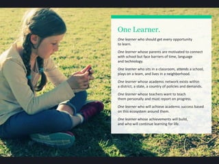 One Learner.
One learner who should get every opportunity
to learn.
One learner whose parents are motivated to connect
with school but face barriers of time, language
and technology.
One learner who sits in a classroom, attends a school,
plays on a team, and lives in a neighborhood.
One learner whose academic network exists within
a district, a state, a country of policies and demands.
One learner whose teachers want to teach
them personally and must report on progress.
One learner who will achieve academic success based
on this ecosystem around them.
One learner whose achievements will build,
and who will continue learning for life.
 