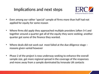 Implications and next steps
• Even among our rather ‘special’ sample of firms more than half had not
applied for equity for some reason
• Where firms did apply they approached multiple providers (often 5+) and
together around a quarter got all of the equity they were seeking; another
quarter got some of the finance they wanted.
• Where deals did not work out most failed at the due diligence stage –
reasons given varied however
• Phase 2 of the project is now underway seeking to enhance the overall
sample size, get more regional spread in the coverage of the responses
and move away from a sample dominated by Innovate UK contacts
 