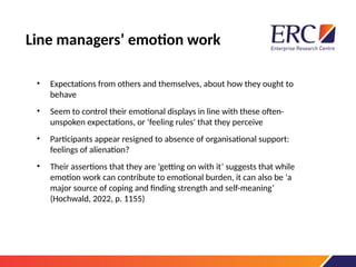 Line managers’ emotion work
• Expectations from others and themselves, about how they ought to
behave
• Seem to control their emotional displays in line with these often-
unspoken expectations, or ‘feeling rules’ that they perceive
• Participants appear resigned to absence of organisational support:
feelings of alienation?
• Their assertions that they are ‘getting on with it’ suggests that while
emotion work can contribute to emotional burden, it can also be ‘a
major source of coping and finding strength and self-meaning’
(Hochwald, 2022, p. 1155)
 