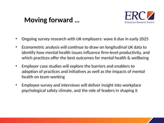 Moving forward …
• Ongoing survey research with UK employers: wave 6 due in early 2025
• Econometric analysis will continue to draw on longitudinal UK data to
identify how mental health issues influence firm-level productivity, and
which practices offer the best outcomes for mental health & wellbeing
• Employer case studies will explore the barriers and enablers to
adoption of practices and initiatives as well as the impacts of mental
health on team working
• Employee survey and interviews will deliver insight into workplace
psychological safety climate, and the role of leaders in shaping it
 