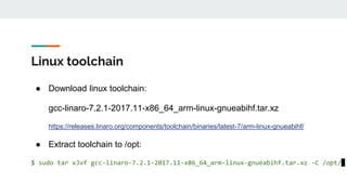 Linux toolchain
● Download linux toolchain:
gcc-linaro-7.2.1-2017.11-x86_64_arm-linux-gnueabihf.tar.xz
https://releases.linaro.org/components/toolchain/binaries/latest-7/arm-linux-gnueabihf/
● Extract toolchain to /opt:
$ sudo tar xJvf gcc-linaro-7.2.1-2017.11-x86_64_arm-linux-gnueabihf.tar.xz -C /opt/
 