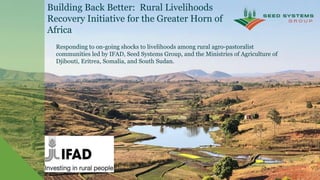 Building Back Better: Rural Livelihoods
Recovery Initiative for the Greater Horn of
Africa
Responding to on-going shocks to livelihoods among rural agro-pastoralist
communities led by IFAD, Seed Systems Group, and the Ministries of Agriculture of
Djibouti, Eritrea, Somalia, and South Sudan.
 