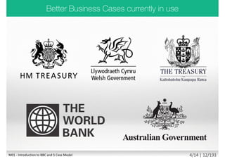 1. Introduction to BBC and Five Case
Model
2. Overview of the Five Case Model
3. Different types of spending
proposals and supporting business
cases
4. Fit with other recommended best
practice
5. Unpacking the 5 Case Model
6. Approvals and Assurance
7. Economic Appraisal – Common
Errors
M01 - Introduction to BBC and 5 Case Model 2/13 | 11/194
 