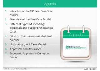 1. Introduction to BBC and Five Case
Model
2. Overview of the Five Case Model
3. Different types of spending
proposals and supporting business
cases
4. Fit with other recommended best
practice
5. Unpacking the 5 Case Model
6. Approvals and Assurance
7. Economic Appraisal – Common
Errors
M02 - Overview of the Five Case Model 2/21 | 24/194
 
