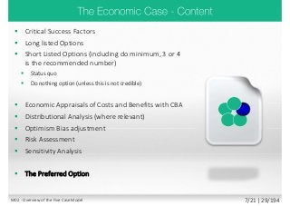  Critical Success Factors
 Long listed Options
 Short Listed Options (including do minimum, 3 or 4
is the recommended number)
 Status quo
 Do nothing option (unless this is not credible)
 Economic Appraisals of Costs and Benefits with CBA
 Distributional Analysis (where relevant)
 Optimism Bias adjustment
 Risk Assessment
 Sensitivity Analysis
 The Preferred Option
M02 - Overview of the Five Case Model 7/21 | 29/194
 