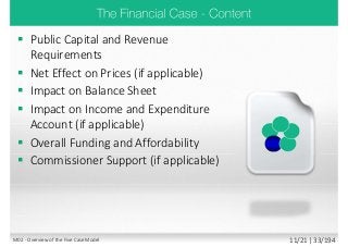  Public Capital and Revenue
Requirements
 Net Effect on Prices (if applicable)
 Impact on Balance Sheet
 Impact on Income and Expenditure
Account (if applicable)
 Overall Funding and Affordability
 Commissioner Support (if applicable)
M02 - Overview of the Five Case Model 11/21 | 33/194
 