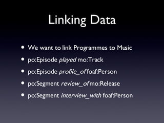 Linking Data We want to link Programmes to Music po:Episode  played  mo:Track po:Episode  profile_of  foaf:Person po:Segment  review_of  mo:Release po:Segment  interview_with  foaf:Person 