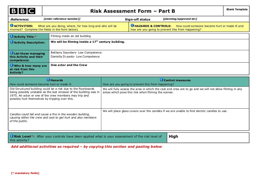 Risk Assessment Form Risk assessment form