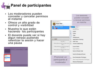 Panel de participantes

   Los moderadores pueden
                                                        Los asesores
    conceder y cancelar permisos                      pueden conceder
    al instante                                      y revocar permisos
   Ofrece un alto grado de                              en marcha
    control y visibilidad
   Muestra lo que están
    haciendo los participantes
   El docente puede ver si hay
    algun retraso pudiendo
    ralentizar la sesión y hacer
    una pausa




                                   Promover un
                                   participante al
                                    moderador
 
